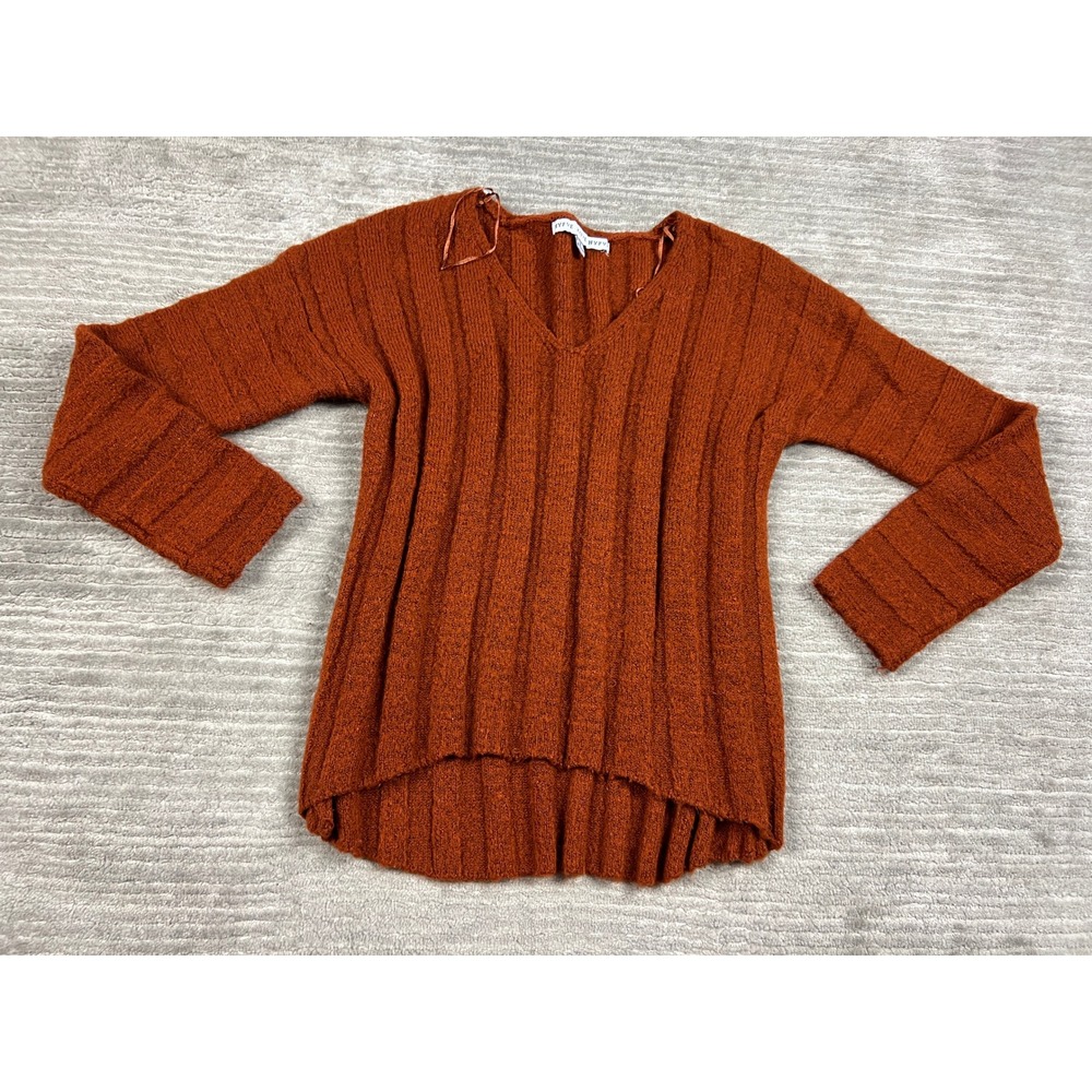Hyfve Sweater Womens Medium Rust Orange V-Neck Ribbed High-Low FL19G172 Relaxed